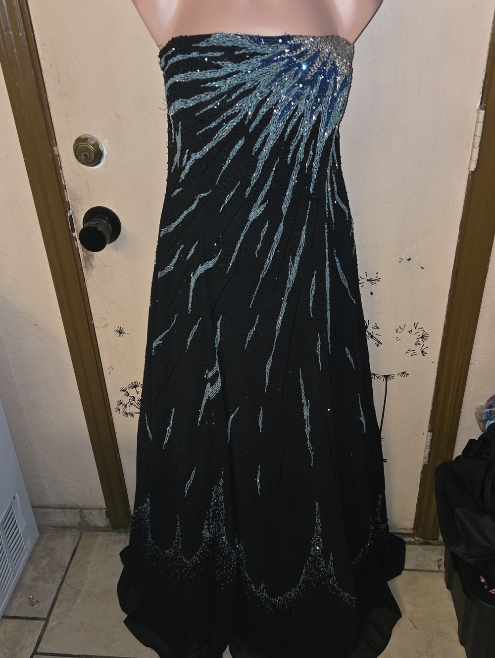 Riva DESINGS  Strapless Black Gown with Blue Sequin Burst